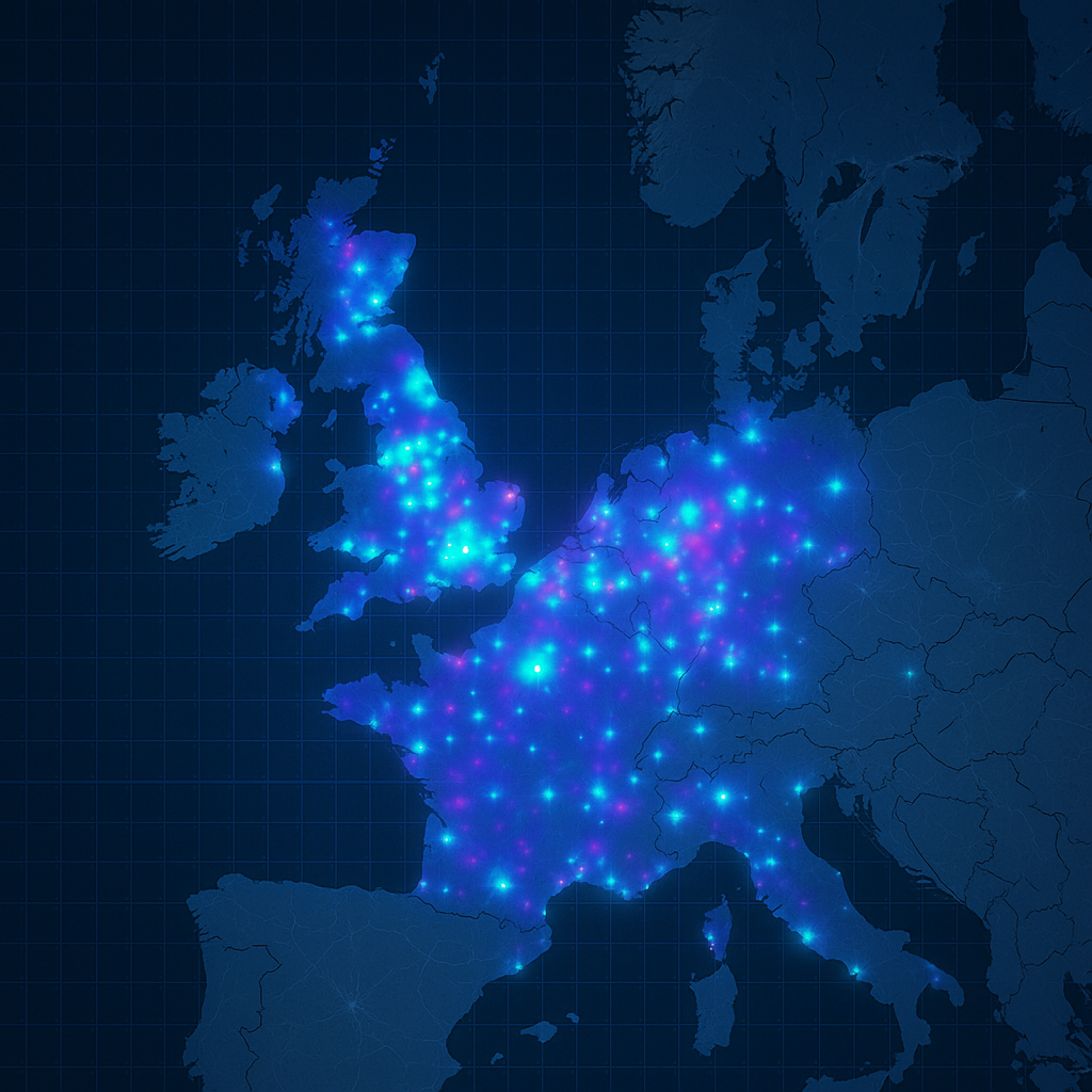Digital abstract network wireframe infrastructure across UK and Europe